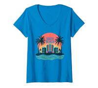 South Beach Poster rétro Art déco Paradis Tropical T-Shirt avec Col en V, Femme, Saphir, XXL