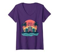 South Beach Poster rétro Art déco Paradis Tropical T-Shirt avec Col en V, Femme, Violet, XXL
