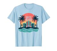 South Beach Poster rétro Art déco Paradis Tropical T-Shirt, Homme, Bleu Céleste, S