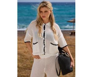 South Beach South Beach White Crochet Knit Button Front Short Sleeve Shirt White L (EU 44-46)