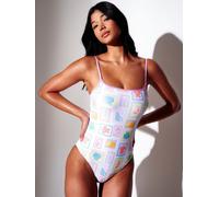 South Beach South Beach White Postcard Printed Tie Shoulder Tummy Control Swimsuit