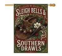 Southern Country Drapeau de maison avec citation de Noël Chapeau de cowboy | Thème du pays du Sud, drapeau de cour, grelots, accents de magnolia, décoration d'hiver festive, style ferme