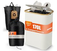 SOUTHGATE 170L Collecteur de Bouteilles Avec Couvercle, 2 Compartiments Poubelle Recyclage, 2 Réutilisables Sac Recyclage, Poubelle Tri Selectif Pour Plastique, Bouteilles Verre, Blanc Laiteux