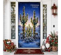 Southwestern Desert Plants Holiday Citation Saguaro Couvre-porte 91,4 x 183 | Thème d'hiver du sud-ouest, bannière de porche, paysage désert, accents rustiques de roue de chariot