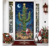 Southwestern Faerie Cactus Scène de Noël Housses de porte 91,4 x 182,9 cm | Décoration elfes, bannière de porte d'entrée, Père Noël, paysage du désert du sud-ouest, horizon nocturne étoilée