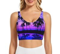 Soutien-gorge de course confortable avec coussinets amovibles Motif palmier violet coucher de soleil, Noir , 3XL