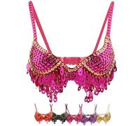 Soutien-gorge de danseuse du ventre à paillettes scintillantes avec pampilles et paillettes - Costume réglable pour danse, costumes, festivals de musique pour femme, rose, Taille unique