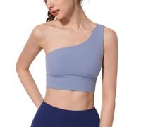 Soutien-gorge de sport à épaule unique sans couture pour femme - Asymétrique - Côtelé - Pour yoga, danse, entraînement - Essentiel - Élégant, bleu, S