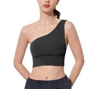 Soutien-gorge de sport à épaule unique sans couture pour femme - Asymétrique - Côtelé - Pour yoga, danse, entraînement - Essentiel - Élégant, Noir , L