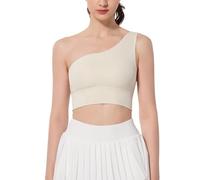 Soutien-gorge de sport à épaule unique sans couture pour femme - Asymétrique - Côtelé - Pour yoga, danse, entraînement - Essentiel - Élégant, beige, XL