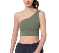 Soutien-gorge de sport à épaule unique sans couture pour femme - Asymétrique - Côtelé - Pour yoga, danse, entraînement - Essentiel - Élégant, Vert, L