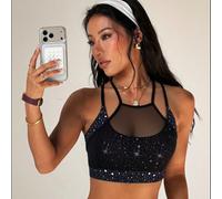 Soutien-gorge de sport en maille à imprimé tie dye noir et blanc avec patchwork, col rond pour femmes L,M,S,XL,XSgraphiqueÉtoffe