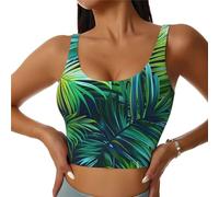 Soutien-gorge de sport imprimé feuilles de palmier tropicales, haut d'entraînement en U avec coussinets amovibles pour le sport, la gym, le yoga, noir, Taille XL