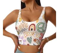 Soutien-gorge de sport pour femme à soutien élevé - Débardeur d'entraînement court doux et athlétique pour femme - Motif floral arc-en-ciel signe de paix, noir, Taille L