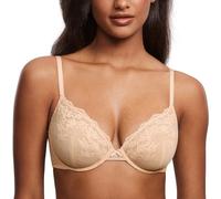 Soutien-gorge sexy en maille pour femme - Grande taille - Non doublé - Soutien-gorge plongeant à armatures transparent, beige, 85 E (Taille Fabricant:32DD)