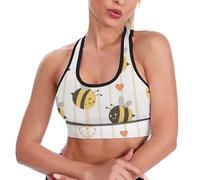 Soutiens-gorge de sport courts pour femmes, ornés d'abeilles, de cœurs et de fleurs blanches rétro sur une branche, parfaits pour le yoga et le fitness. Motifs aquarelle, abeilles et cœurs. Débardeurs