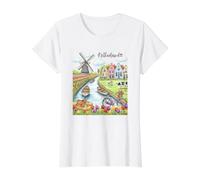 Souvenir d'art de Village de Moulin à Vent hollandais avec Champs de Tulipes T-Shirt Graphique avec Valeur, Femme, Blanc, XS