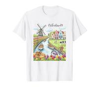 Souvenir d'art de Village de Moulin à Vent hollandais avec Champs de Tulipes T-Shirt Graphique avec Valeur, Homme, Blanc, XL