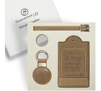 Sovereign-Gear - Étiquette de bagage en cuir marron Philippians 4:13 avec support AirTag en cuir véritable pour valises - Accessoire de voyage sécurisé, élégant et durable