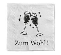 Sovie HOME Serviettes de table « ZUM WELL » en tissu, 3 couches, 33 x 33 cm, pliées en 1/4, serviettes de fête blanches avec inscription noire et verres à champagne