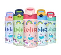 Soview Gourde Isotherme Personnalisable pour Enfant, Bouteille d'eau Personnalisée avec Nom & Paille, Gourde Enfant Personnalisée sans BPA, Cadeau Personnalisé pour École Sport Voyage 350ml