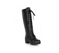 SOVORM Botte Hautes Femme Bout Rond À Plateforme Chaudes Bottes De Equitation À Lacets Automne Hiver,Noir,44 EU