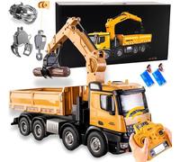 SOWOFA Grand camion à benne télécommandé de 48 cm, modèle de véhicule 1:14, tête de préhension 3 en 1, modèle de véhicule de transport remplaçable (double batterie)