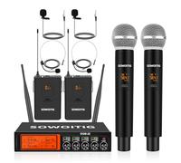 SOWOITIG Microphone cravate sans fil avec casque et microphones à main, kit professionnel UHF 4 canaux avec récepteur en métal, portée de 193 m pour église, karaoké, mariage, fête