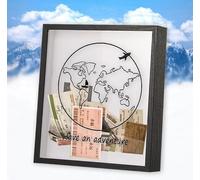 Sowoxdme Adventure Travel Boîte à archives avec fente, grande boîte d'archives d'aventure de 20 cm avec fente, grande boîte à ombre pour souvenirs, cadre photo pour mariage, billets (noir, 20 x 20 cm)