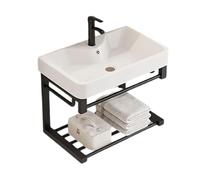 SOYDAN Lavabo de Salle de Bain Mural avec Vasque en Porcelaine, étagère Ouverte en Aluminium, lavabo avec Porte-Serviettes, Mini Meuble-lavabo Flottant Noir for Petite Salle de Bain(55 * 36 * 48CM)