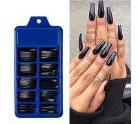 Soyez glamour avec 100 pièces Ongles pressés noirs longs de forme cimetière, couleur unicolore et brillante, Faux ongles, Fournitures d'ongles graphiqueABS