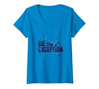 Soyez l'exception : Typographie inspirante T-Shirt avec Col en V, Femme, Saphir, M