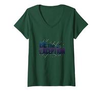 Soyez l'exception : Typographie inspirante T-Shirt avec Col en V, Femme, Vert Forêt, XL