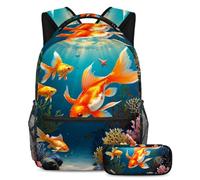 Soyez organisé et prêt pour le succès avec notre ensemble de 2 cartables, sac à dos de grande capacité et trousse à crayons pour garçons, filles et adolescents, poisson rouge mignon, multicolore,