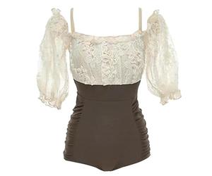 SOYNIA Maillot De Bain Femmes Plage Sangle Coupe Basse Dentelle Dos Nu Demi Manches Natation Broderie Évider Dame Plage Robe M Café