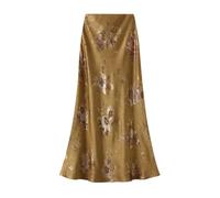 SOYNIA Mini Jupe Courte Sexy Fleurs Imprimé Rides Femmes Élégante Jupe Longue en Satin Tendance Dames Bureau Dame Fête Jupes Taille Haute M Or