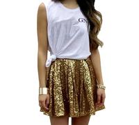 SOYNIA Mini Jupe Courte Sexy Jupes Femme Tendance Mode Femme Taille Haute Plissé Couleur Unie Jupe Courte Ample Paillettes Jupe M Or