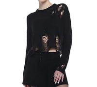 SOYNIA Pull Sweat Cardigan Chandail Femmes Lâche Court Tricot Pull Couleur Unie Déchiré Manches Longues Pulls Col Ras du Cou Pulls Streetwear S Noir