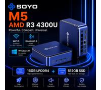 SOYO M5 Mini PC AMD Ryzen 4300U W-11 Pro (4 cœurs/4 threads, jusqu'à 3,7 GHz) 16 Go LPDDR4/SSD 512 Go, PC de bureau 4K à 60 Hz, affichage triple (HDMI 2.0 + Type-C + DP 1.4) / Wi-Fi 5 / Bluetooth 4.2