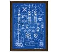 Soyuz Rocket USSR Soviet Space Blueprint Plan Artwork Framed A3 Wall Art Print Fusée Union soviétique soviétique Espacer Bleu Mur