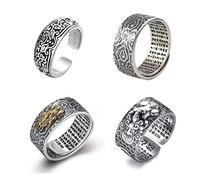 Soyzvteo Lot de 4 bagues Feng Shui Pixiu vintage Feng Shui Mantra de protection réglable pour homme et femme, en métal, sans pierre précieuse, Métal, Aucune pierre précieuse