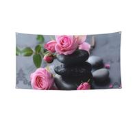Spa Pierre et Fleurs Roses 3 Imprimés Bannière de Décoration de Vacances Réutilisable Pour Anniversaire Mariage Célébrations Saisonnières