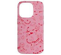 Space Cats Pink Stars Moon Line Art Pattern Esthétique Coque pour iPhone 14 Pro