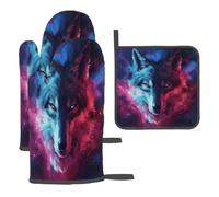 Space Cool Wolf Ensemble de gants de cuisine et maniques résistants à la chaleur avec manique - Gants de cuisine antidérapants pour la cuisson, le barbecue, le micro-ondes