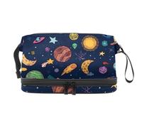 Space Doodle Planet Rocket Moon and Sun Trousse de toilette double couche pour femmes et filles, trousse de toilette de voyage, trousse de maquillage pratique avec compartiment à pinceaux,
