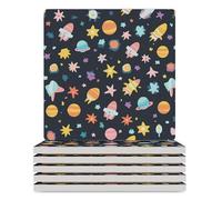 Space Element Lot de 6 dessous de verre carrés en céramique avec dos en liège Motif étoile colorée Résistant à la chaleur Pour tasses et verres