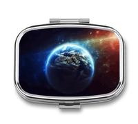 Space Planet EarthPill Organiseur avec miroir, pilulier de voyage en métal à 2 compartiments pour médicaments quotidiens, design compact et artistique pour sac à main, poche ou portefeuille