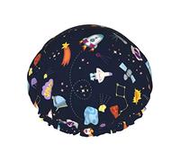 Space Planet Sun Star Rocket Ship Flight Line Bonnets de douche pour femme Réutilisable Imperméable Doublure en PEVA Bonnet pour douche Double protection Élastique