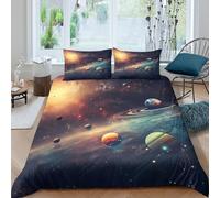 Space Planets Linge de Lit Microfibre résistante 3 pièces 3D Effet Confortable Cosmic Galaxy Art Style Housse de Couette avec Fermeture Éclair Respirante for Chambre de Adolescents Single（140x200cm）