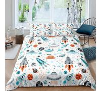 Space Rocket Housse de Couette Galaxy Parure de Lit 220x240cm pour Fille Univers Ciel Étoilé Parure Housse de Couette Cosmos Bleu Orange Blanc Décor Chambre Décor 3 pièces